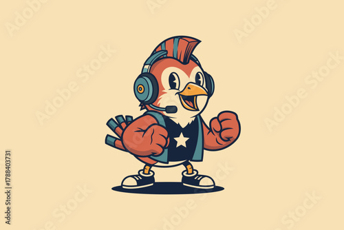 Cartoon bird character wearing headphones and a star shirt, read
