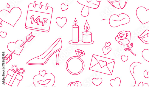 Valentines Day seamless pattern with hearts gifts and roses romantic vector background for wrapping paper and textile design isolated on white