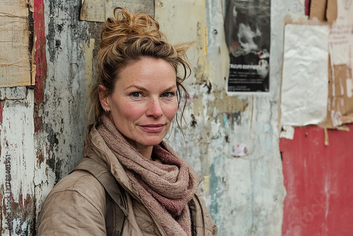 Portrait of a woman wearing a scarf and jacket standing near a weathered urban wall with posters