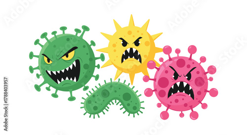A vibrant cartoon illustration showcasing a collection of angry and harmful viruses and bacteria, symbolizing widespread germs, infectious diseases, and health threats.