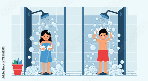 A happy man and woman taking showers in separate stalls, surrounded by many soap bubbles, representing cleanliness and freshness.