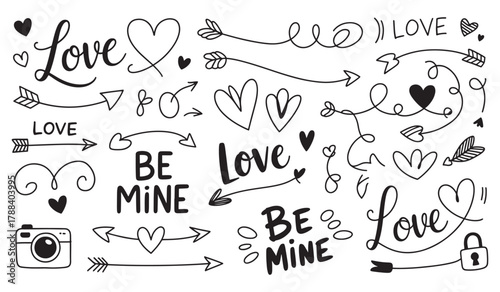 Hand-drawn doodle set of love elements including hearts arrows and lettering perfect for Valentines Day designs and romantic projects