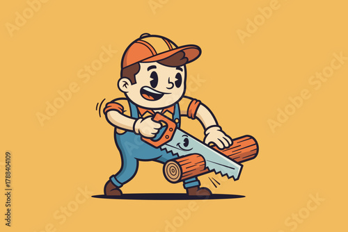 Happy Cartoon Lumberjack Sawing Wood Logs with a Hand Saw.