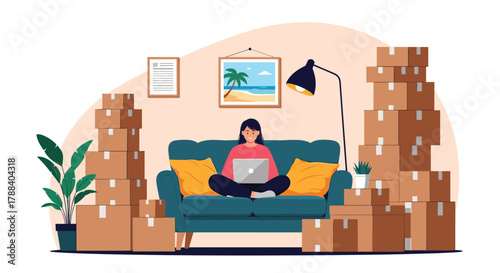 A woman works on her laptop on a couch, surrounded by numerous moving boxes, illustrating remote work during a relocation or setup.