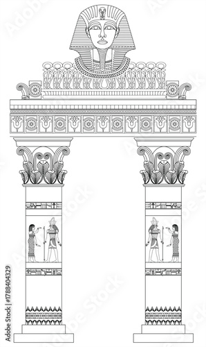 Vector illustration of ancient Egyptian temple columns decorated with hieroglyphic figures, lotus ornaments, and symbolic architectural details.