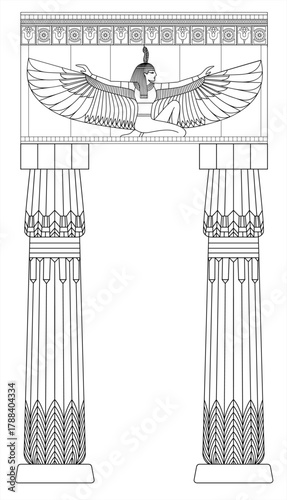 Vector illustration of ancient Egyptian temple columns decorated with hieroglyphic figures, lotus ornaments, and symbolic architectural details.