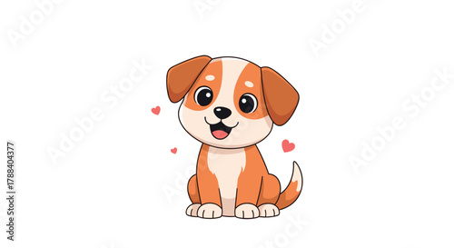 An adorable and happy cartoon puppy with big joyful eyes smiles, sitting patiently with floating hearts on a white background.