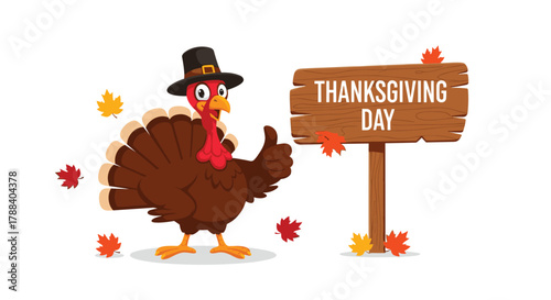 A cheerful cartoon Thanksgiving turkey wearing a pilgrim hat gives a thumbs-up next to a wooden sign with 'Thanksgiving Day' and fall leaves.