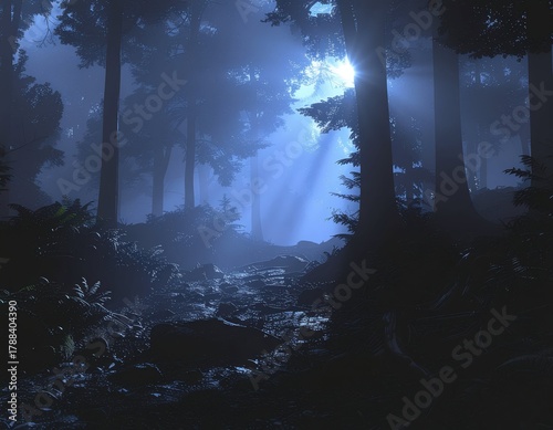 Enchanted Forest with Mysterious Light and Misty Atmosphere