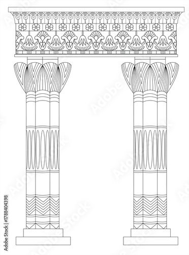 Vector illustration of ancient Egyptian temple columns decorated with hieroglyphic figures, lotus ornaments, and symbolic architectural details.