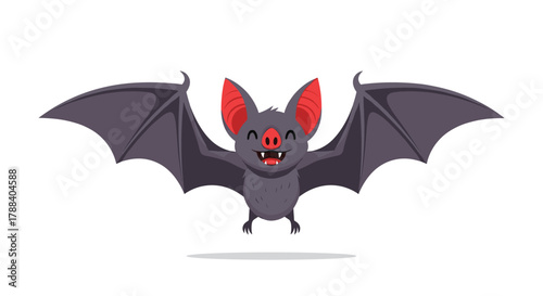 A cheerful cartoon bat with wide-spread wings and a happy, fanged smile hovers in the air, perfect for Halloween or cute animal themes.