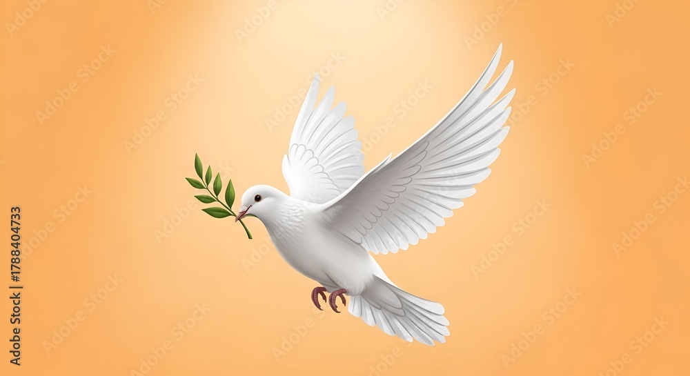 Fototapeta premium A white dove soars gracefully with olive branch, embodying hope and peace on a warm background.