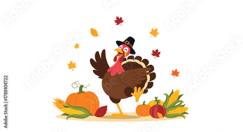 A cheerful cartoon turkey wearing a pilgrim hat celebrates Thanksgiving amidst falling autumn leaves and a bountiful harvest display.