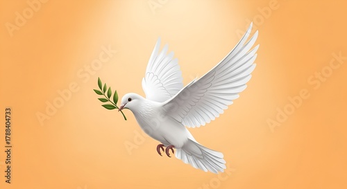 A white dove soars gracefully with olive branch, embodying hope and peace on a warm background.