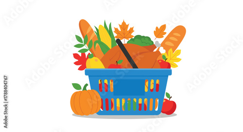 A shopping basket filled with Thanksgiving dinner groceries, featuring a roasted turkey, bread, corn, pumpkin, apples, and colorful autumn leaves.