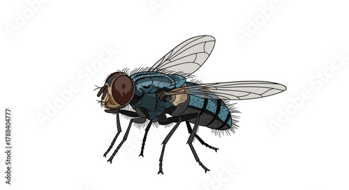 A detailed illustration of a common housefly, showcasing its hairy body, large compound eyes, and delicate wings, set against a clean white background.