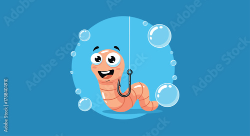 A happy cartoon worm is cheerfully hooked on a fishing line amidst bubbles in a vibrant blue aquatic setting.