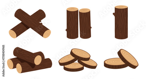 Collection of natural brown wood logs and tree trunk cross-sections, perfect for illustrations related to forestry, construction, or rustic themes.