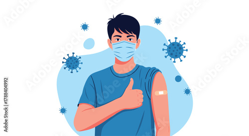 Young man in a face mask gives a thumbs-up with a bandage on his arm after receiving a coronavirus vaccine.