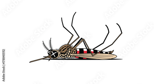 A stylized illustration of a dead mosquito lying on its back with an 'X' marking its eyes, symbolizing pest control or disease prevention.
