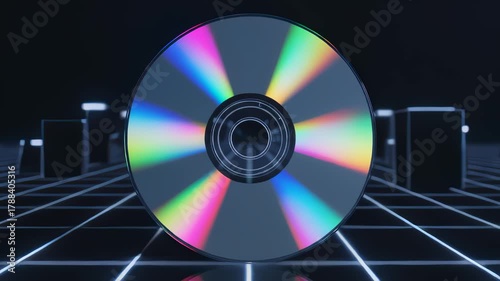Shiny Compact Disc Rotating in a Sci-Fi Virtual Reality Setting