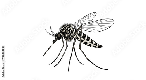 A detailed illustration of a mosquito, likely an Aedes species, showcasing its characteristic striped body, six legs, wings, antennae, and proboscis.