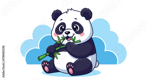 A happy and adorable cartoon panda is sitting down, joyfully munching on a fresh green bamboo stalk, with cute blue clouds in the background.