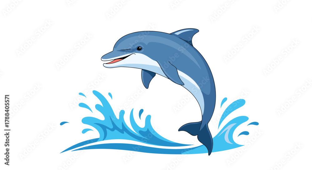 Fototapeta premium A cheerful cartoon dolphin with a friendly smile and winking eye leaps gracefully from the vibrant blue ocean waves, creating playful splashes.