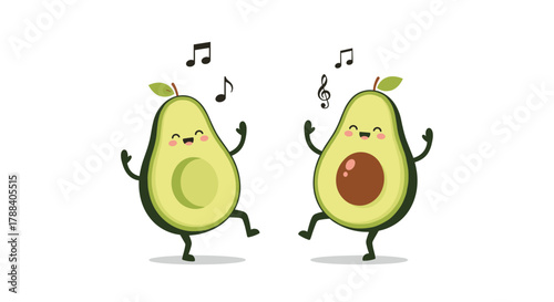 Two cheerful cartoon avocados are happily dancing and swaying to music, with notes floating around, spreading joy and healthy vibes.