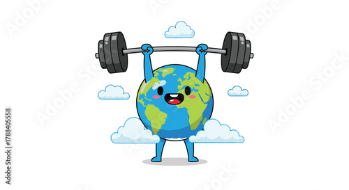 A strong and happy cartoon Earth mascot triumphantly lifts a large barbell overhead, representing global strength, protection, and sustainability efforts.
