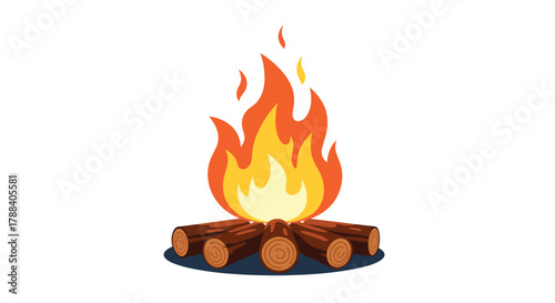 A brightly burning campfire with logs arranged neatly, featuring warm orange and yellow flames against a clean white background.