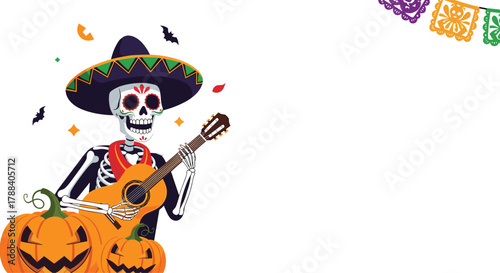 A festive skeleton in a sombrero plays a guitar, accompanied by jack-o'-lanterns and traditional cultural decorations for a holiday celebration.