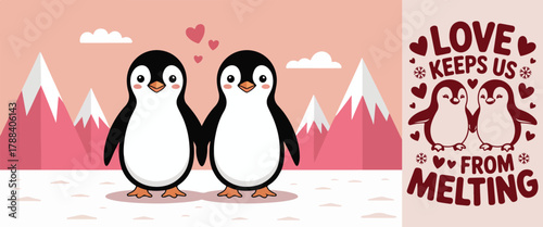 Cute penguin couple holding hands vector illustration for Valentines Day romantic greeting card and love concept