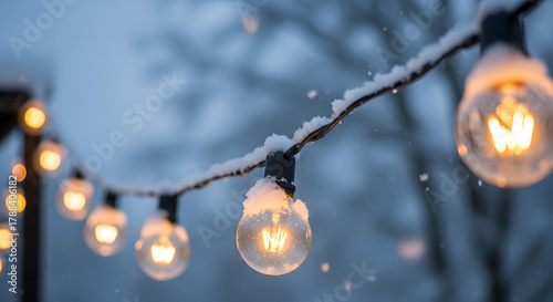 Close-up of Outdoor String Lights Covered in Snow
