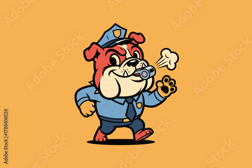 Bulldog Police Officer Whistling Cartoon Mascot Illustration.
