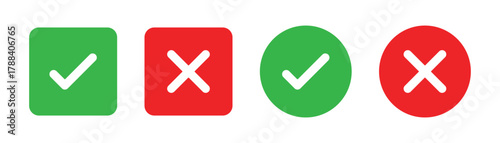 check mark icon button set. check box icon with right and wrong buttons and yes or no checkmark icons in green tick box and red cross