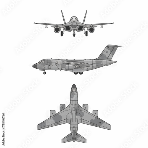 Technical Drawing Set of Three Different Aircraft Views Aviation Schematics Design
