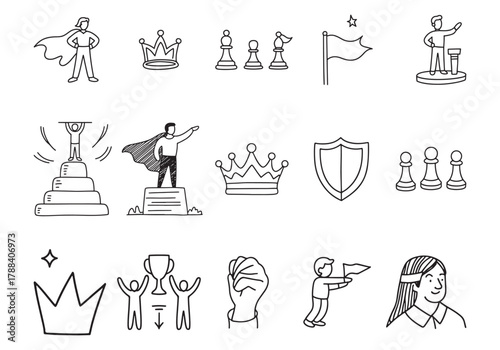 Hand-drawn leadership and success doodles simple line art vector illustrations for business concepts isolated on white background