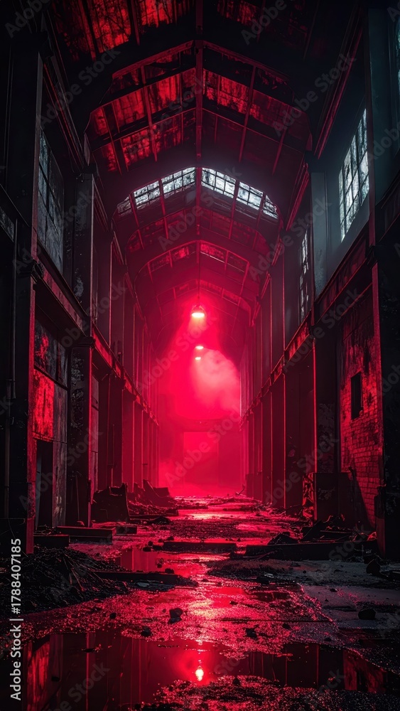 Fototapeta premium Abandoned Industrial Space with Red Lighting and Reflections in Water