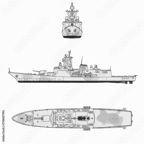 Modern Warship Naval Vessel Blueprint Technical Drawing Schematic Plan