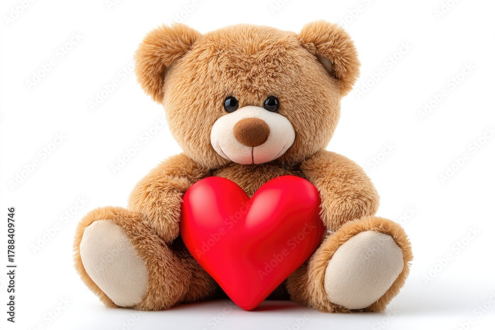 Fototapeta premium Adorable teddy bear hugging red heart symbolizing love and affection on white background, perfect for valentine's day card design