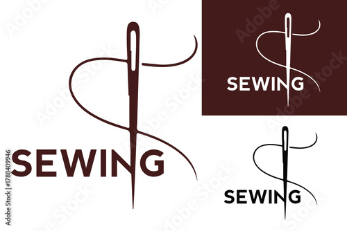Elegant sewing logo design with needle and thread minimalist vector illustration for tailor shop branding and fashion industry applications.