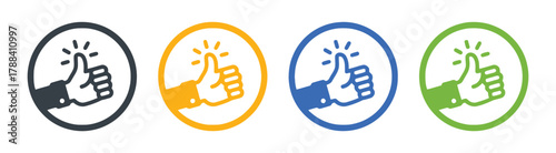 thumbs up, icon, set, collection, good, like, approval, positive, gesture, hand, finger, circle, dark gray, orange, blue, green, outline, graphic, design, symbol, feedback, rating, agreement, success,