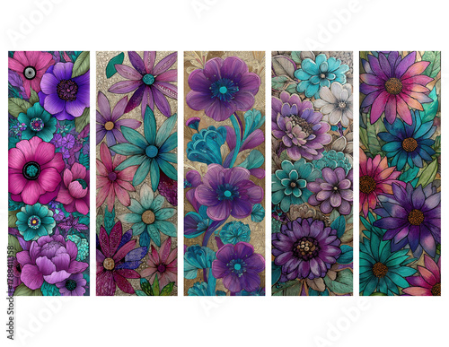 Beautiful bookmarks for book lovers, set of 5, decorative design, size of bookmarks 2x6 inch, illistration, Colorful decorative flower design in zentangle art style