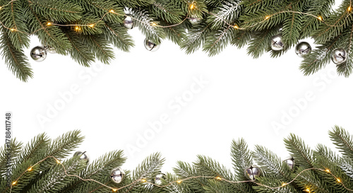 Christmas fir branches with ornaments and lights isolated on transparent background