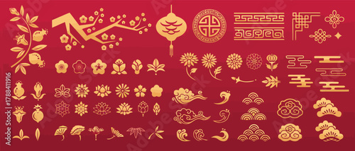 chinese, decoration, ornament, chinese new year, gold, golden, red, background, traditional, cultural, design, element, motif, floral, cloud, wave, lantern, pomegranate, branch, auspicious, symbol, ce