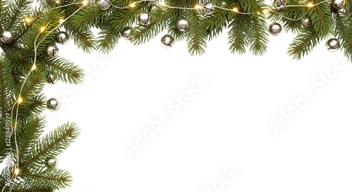 Christmas tree branches with lights and ornaments isolated on transparent background