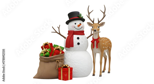 Christmas snowman with reindeer and gifts isolated on transparent background