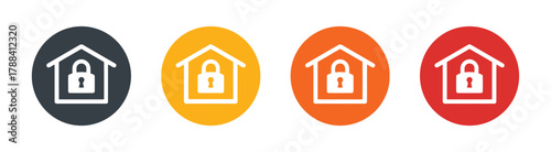 house, home, lock, security, icon, symbol, safety, protection, keyhole, building, real estate, concept, graphic, design, set, collection, dark grey, yellow, orange, red, white background, isolated, te