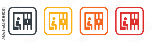 prison, cell, jail, icon, symbol, security, confinement, locked, door, bars, person, sitting, inside, illustration, graphic, design, set, collection, dark grey, yellow, orange, red, white background, 